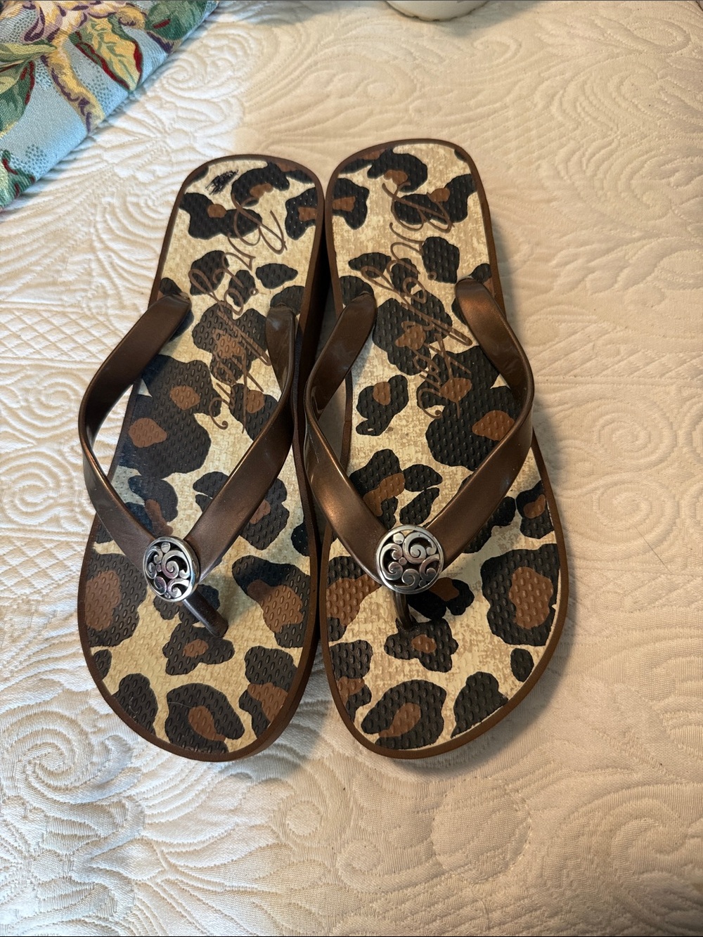 Leopard Print Brown Women's Flip Flop Sandals with Decorative Medallion